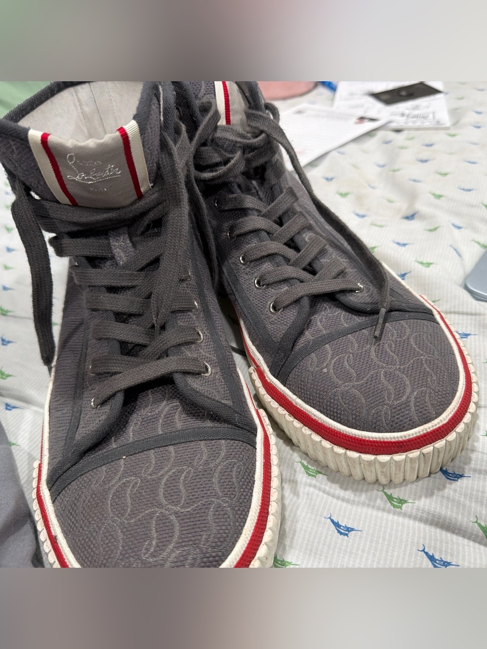Christian Louboutin Gray High-Top Sneakers with Red Trim